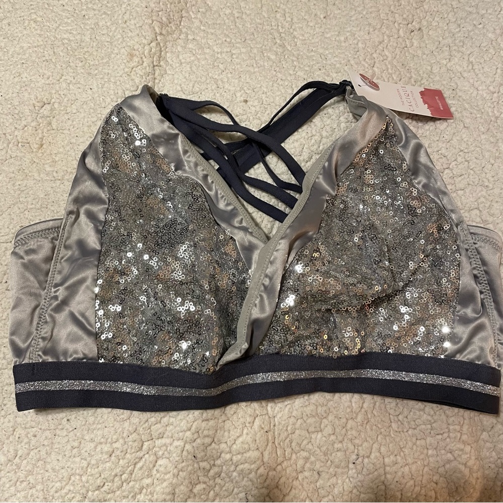Cacique Women's Sequins Bra Bralette 14/16 Silver Blue Adjustable Wire Free New